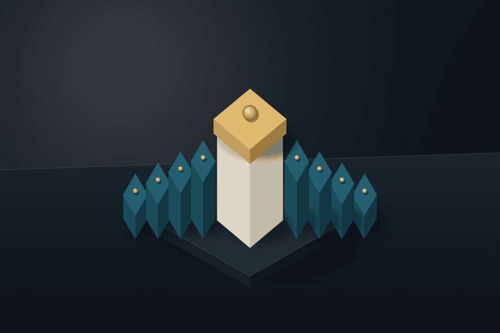 Central tall warm ivory architectural pillar crowned in brushed brass and supported symmetrically by eight deep teal buttress blocks on a dark slate plinth