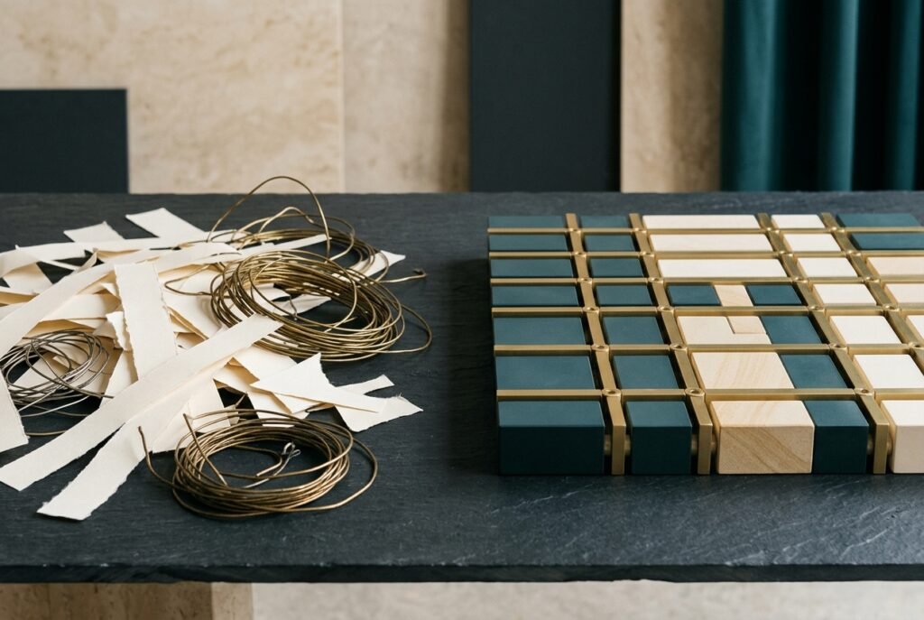 Loose blank paper strips and tangled brass wire on the left contrasted with a structured modular grid of deep teal and warm ivory stone blocks on the right