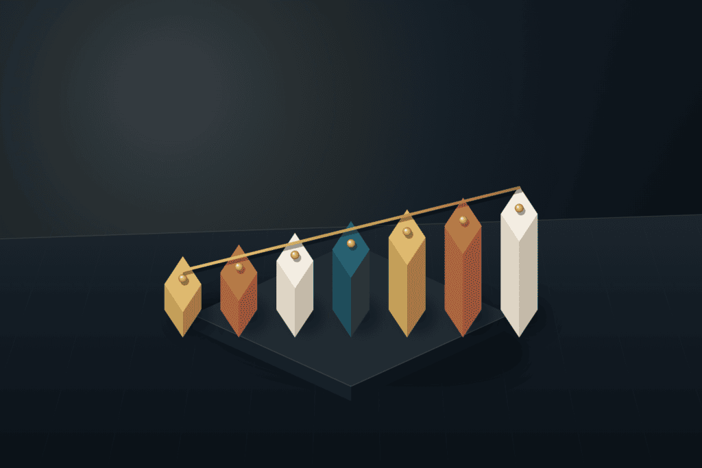Seven ascending architectural blocks on a dark slate studio platform beneath a brushed brass rod