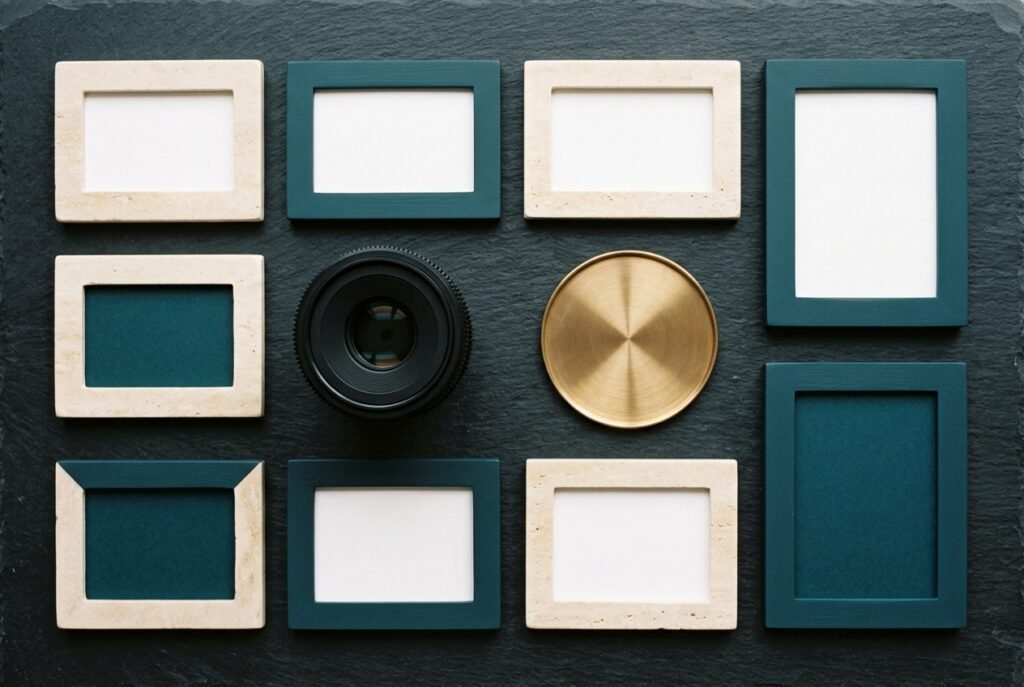 Flat-lay studio board on dark slate with eight blank ivory and deep teal aspect-ratio frames, an unbranded black camera lens, and a brass reflector disc