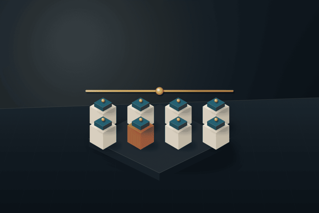 Eight warm ivory and terracotta test blocks capped with deep teal modules aligned inside a dark slate inspection frame under a brushed brass calibration gantry