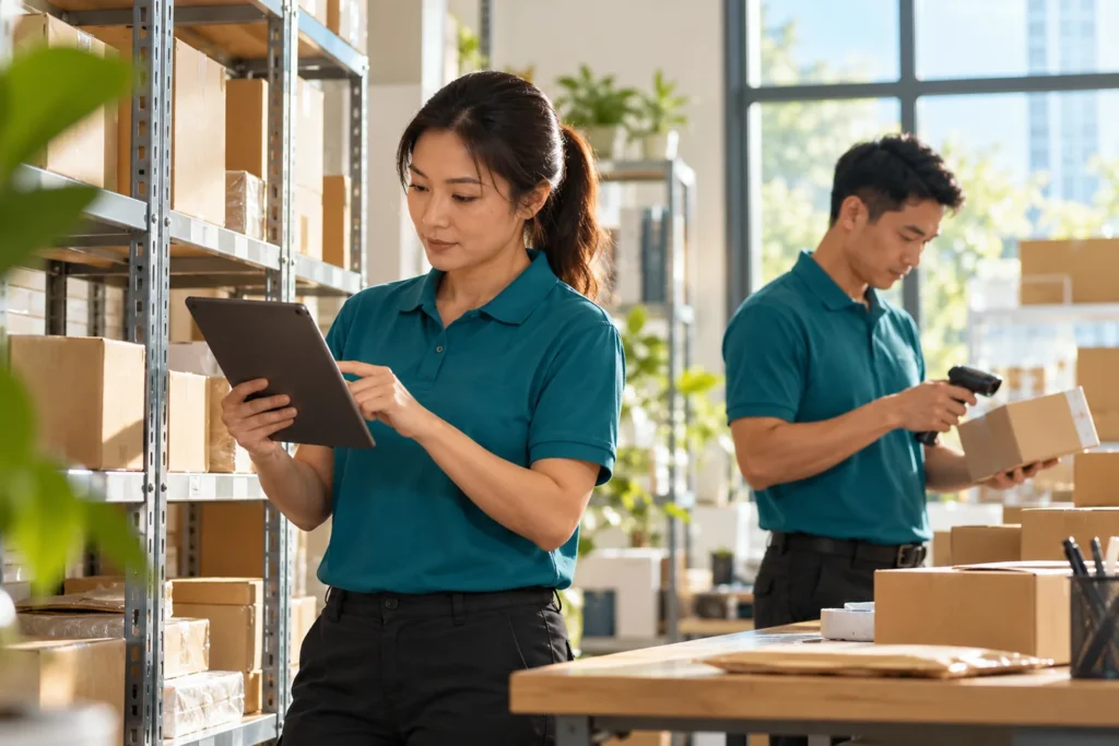 Warehouse staff testing an application and barcode scanner
