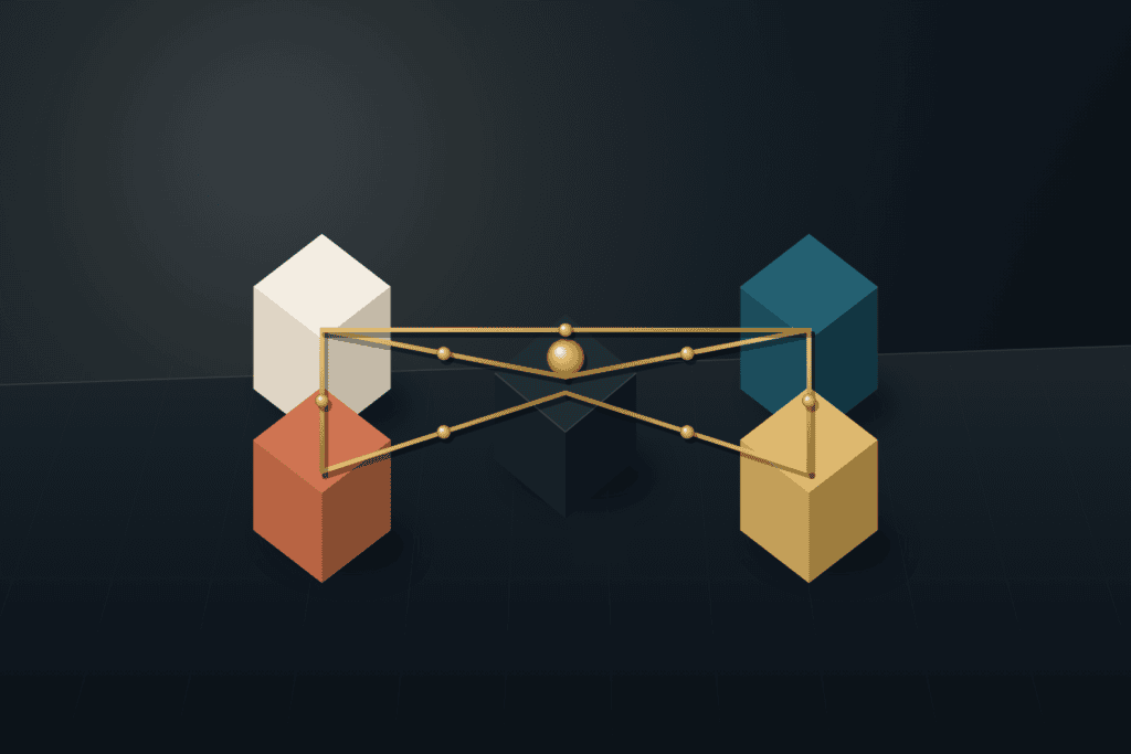 Four distinct architectural monument blocks in warm ivory, terracotta, deep teal, and brushed brass linked across a central dark slate API hub by seven precision brass bridges