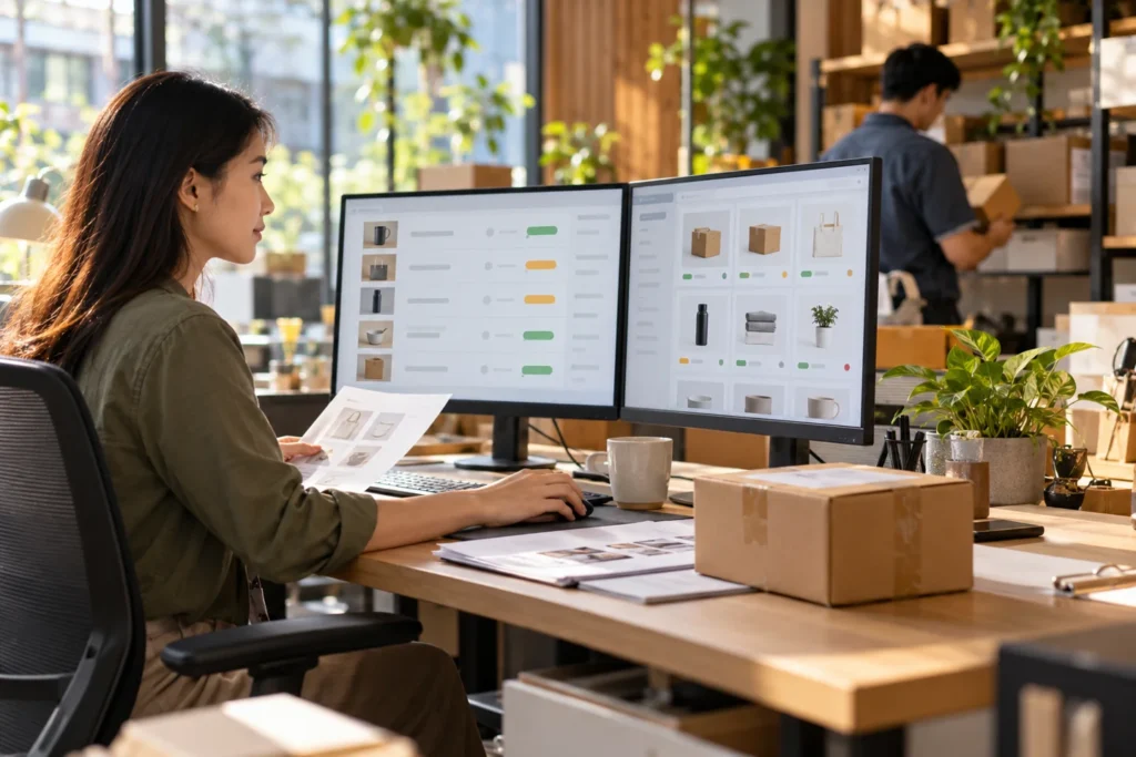Operations analyst reviewing order and inventory interfaces