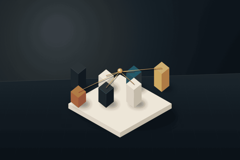 Isometric warm ivory tray supporting seven stepped architectural modules in deep teal, brushed brass, and terracotta linked by brass conduits