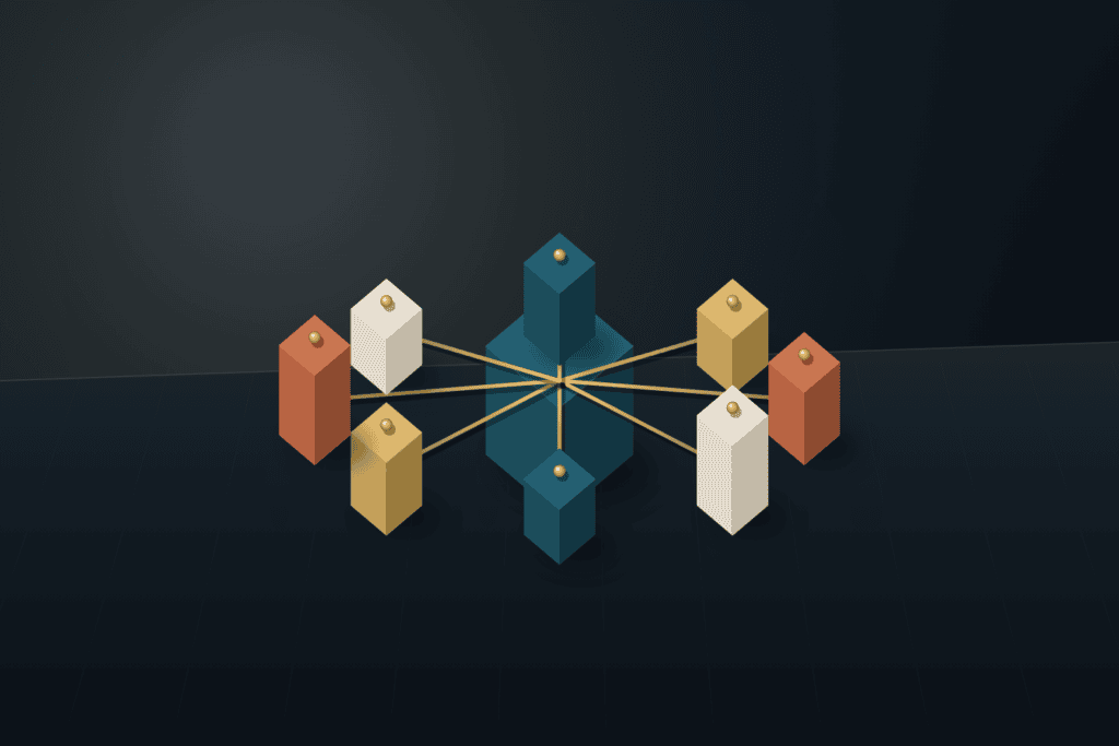 Eight geometric architectural monoliths in ivory, deep teal, and brushed brass aligned on a studio drafting board
