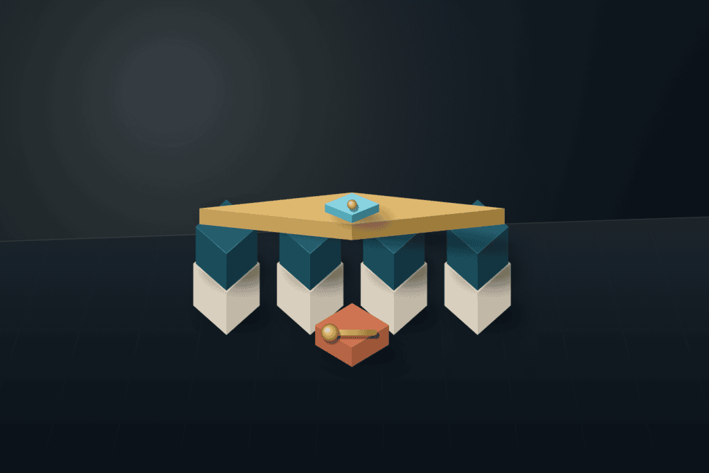 Four warm ivory and deep teal architectural columns capped by a precision brushed brass spirit level with an aqua centre vial and a terracotta master key pedestal