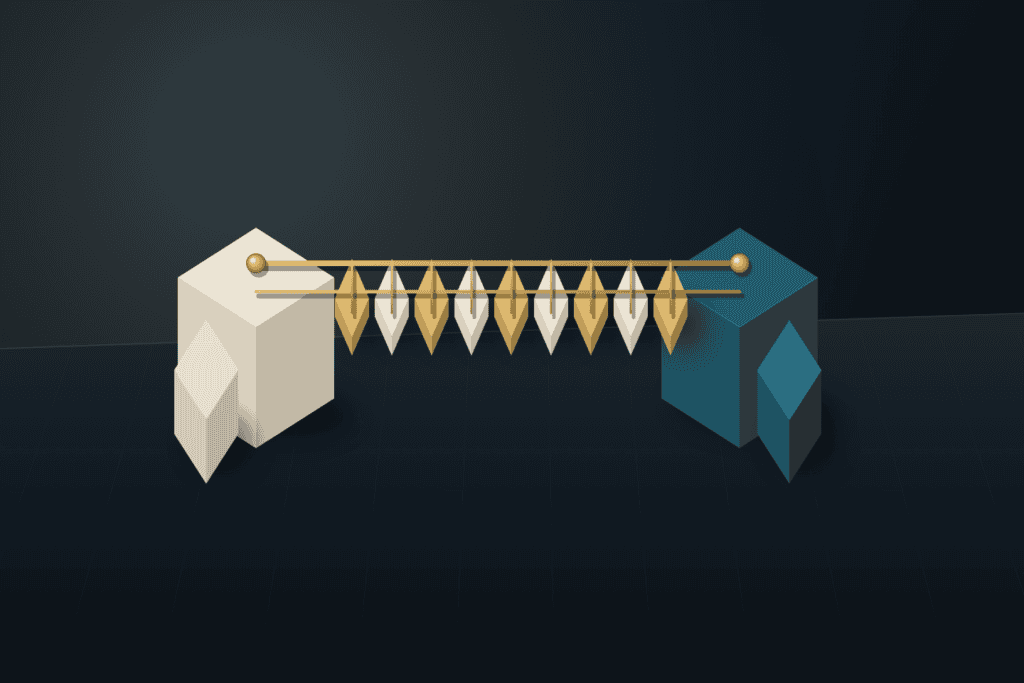 Isometric architectural bridge model connecting a classic warm ivory stone pier on the left to a modern deep teal pier on the right via nine precision brass deck segments