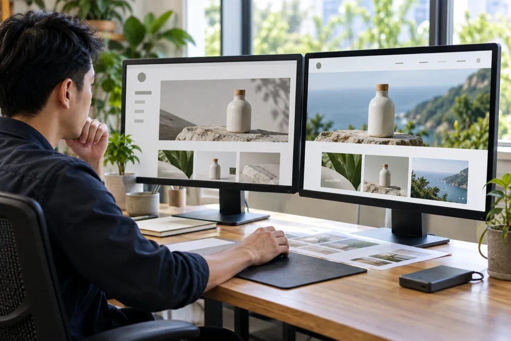 Developer comparing website layouts across two monitors
