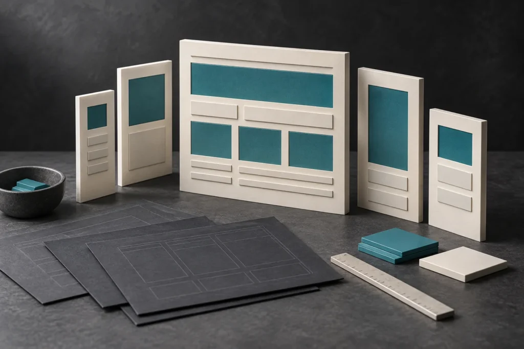 Ivory website panels arranged above a geometric planning sheet