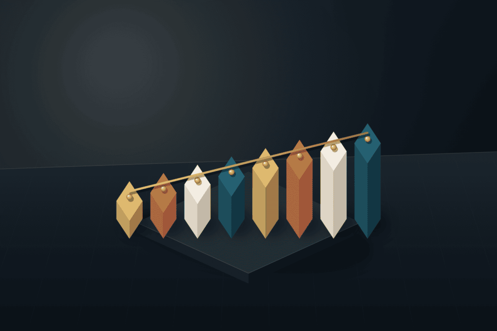 Eight ascending architectural blocks on a dark slate studio platform beneath a brushed brass rod
