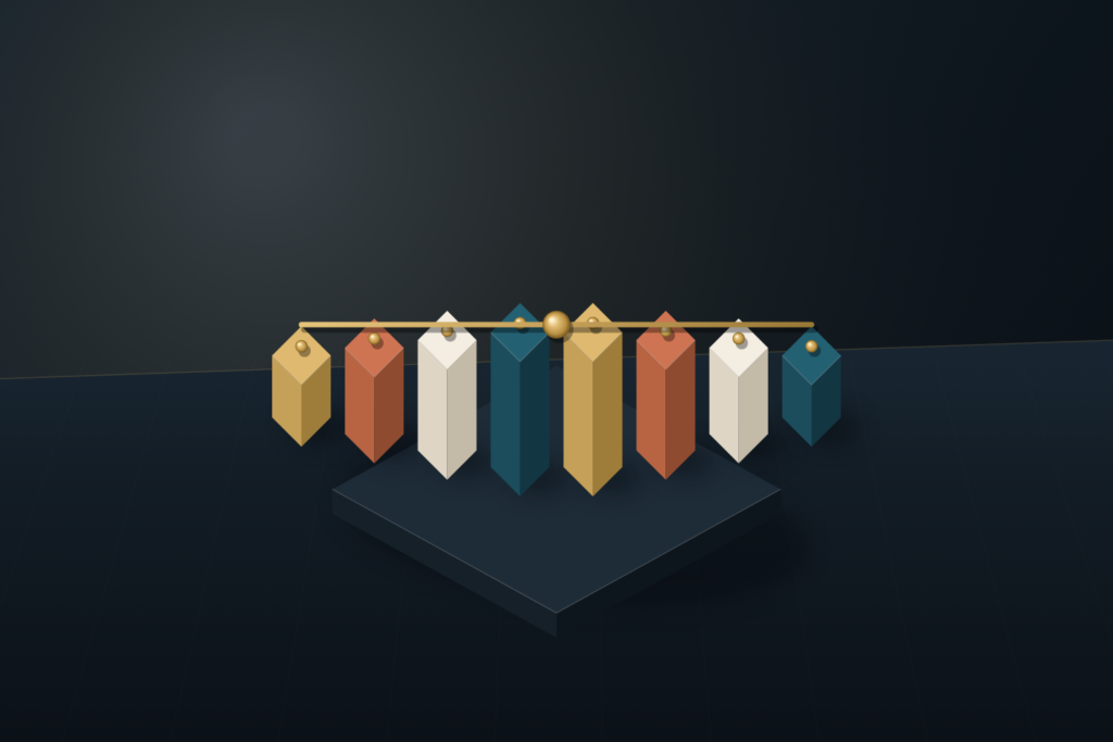 Symmetrical architectural colonnade of eight warm ivory, deep teal, brushed brass, and terracotta pillars under a central brass balance rod